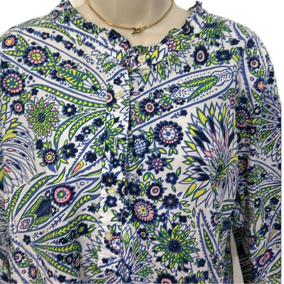 Talbots Blue/White Floral Popover with Ruffle Neck - Picture 2 of 4